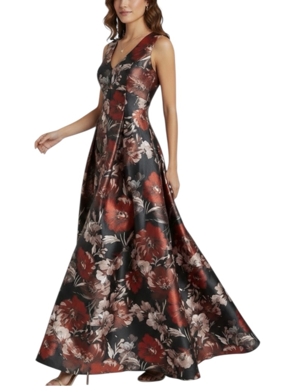 NWT JULIA JORDAN Black & Rust Floral Sleeveless V-Neck Dress Gown Size 4